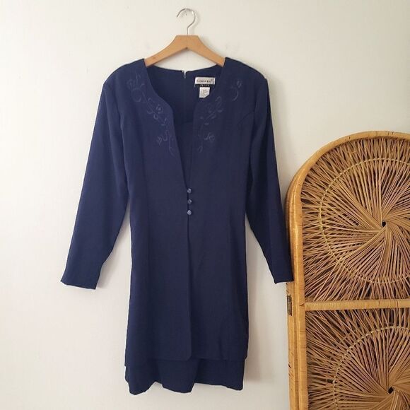 Vintage Fashion Bug Navy Blue Embroidered Dress 16p - Picture 1 of 5